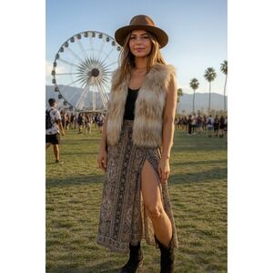 Boho Western Coachella Fairy Festival Indie Cowgirl Ivory Tan Faux Fur XL Vest